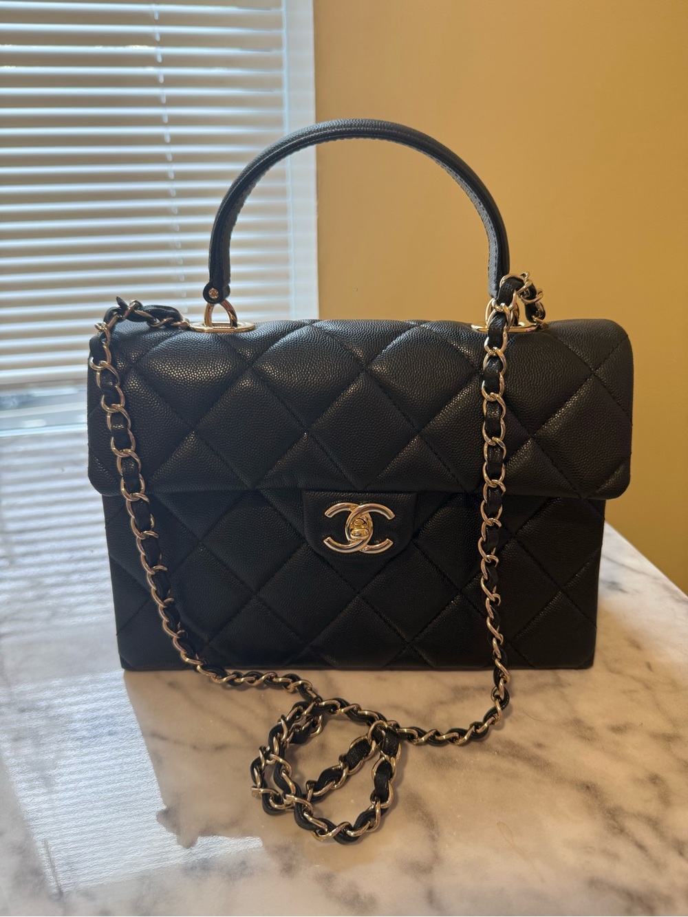 CHANEL Black Quilted Top-Handle Flap Satchel with Chain Strap